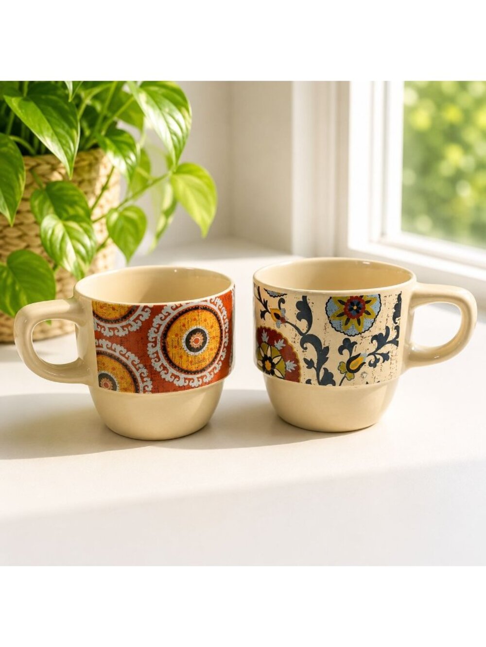 Set Of 2 Pier 1 Imports Stoneware Mugs With Vintage-Inspired Patterns Dishwasher